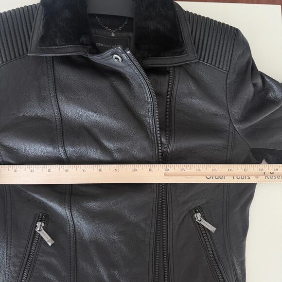 BCBG Maxazria Leather Bomber Jacket Womens Medium Black Moto NO ZIPPER Faux Fur - Picture 12 of 13